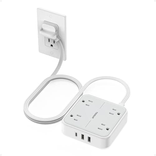 TESSAN Flat Plug Extension Cord 5 Ft, TESSAN Surge Protector Power Strip Ring Pull with 3 USB (1 USB C) 4 Outlets, 900 Joules Protection, Desktop Charging Station for Home, Office, College, Dorm Room