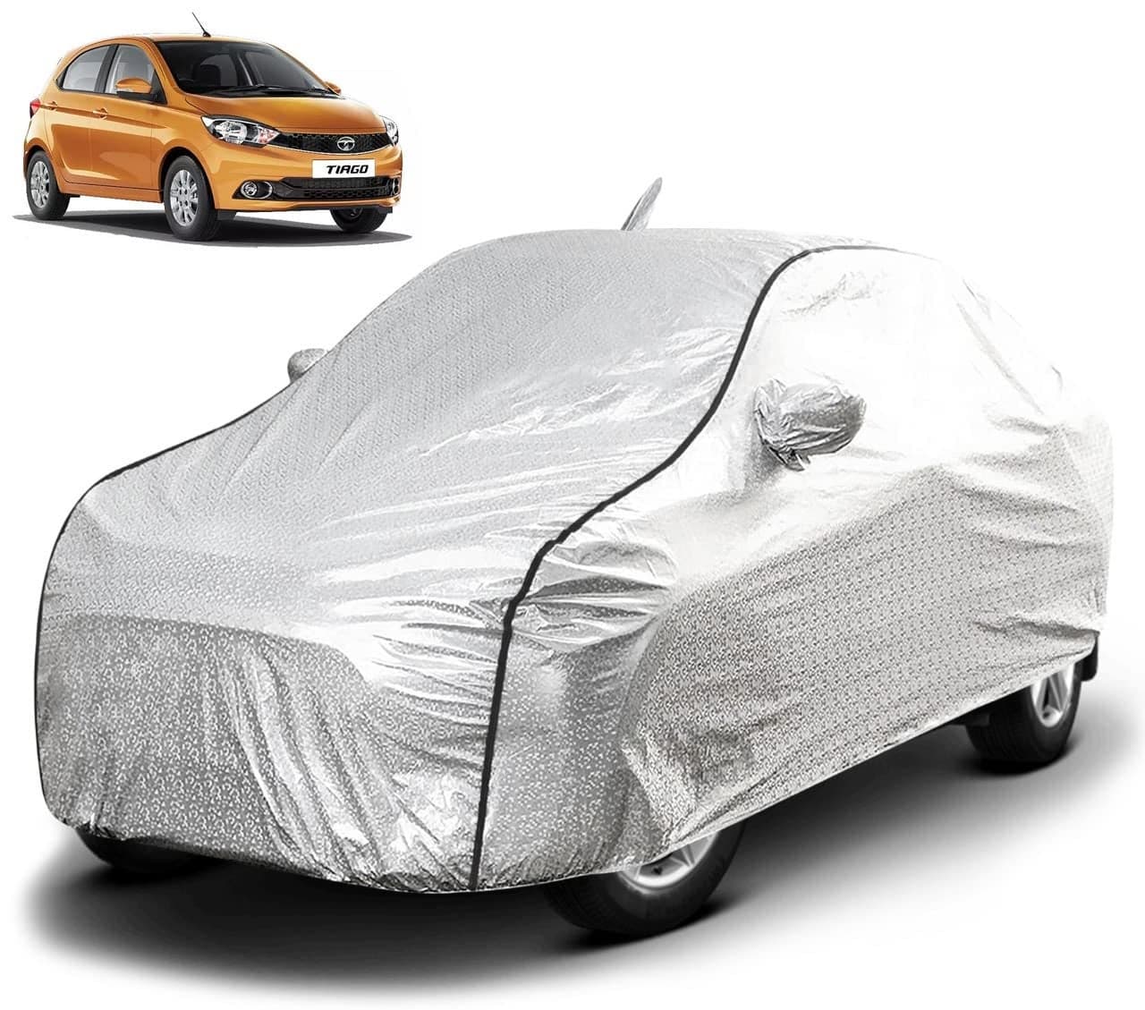 FABTEC Waterproof Car Body Cover for Tata Tiago with Mirror and Front Side Antenna Pocket, Soft Cotton Lining, Triple Stitched (Heat Resistant Metallic Silver with Black Piping)