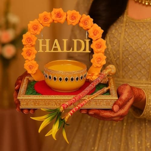 SATYAM KRAFT 1 Pcs Handcrafted Haldi Platter with Bowl for Wedding | Decorative Thali for Bride,Groom, Bridesmaid | Traditional Haldi Plate for Marriage, Shaadi, Mehendi, Ceremony & Gifting (Yellow)