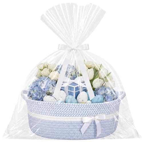 Colingmill Easter Woven Large Gift Basket Empty with Ribbons Bow Tie and Bag, Easter Empty Decorative Chest Box, Woven Rope Storage with Handles Home Decor(14 x 10 x 5.5 Inch,Blue White)