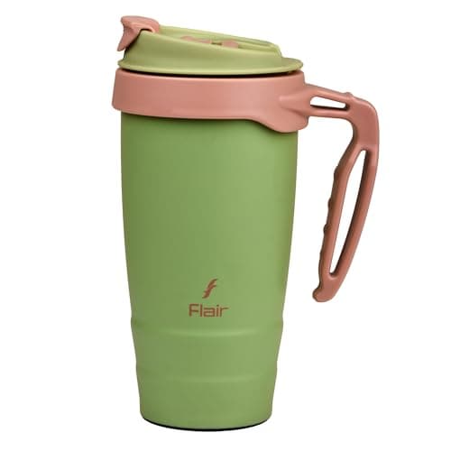 FLAIR Kafe Vacuum Insulated Stainless Steel Travel Mug 500ml -Green, Hot & Cold,Leak-Proof,Flip Lock Lid,Easy to Clean, Carry Handle–Stylish Tumbler for Office,Coffee Mug