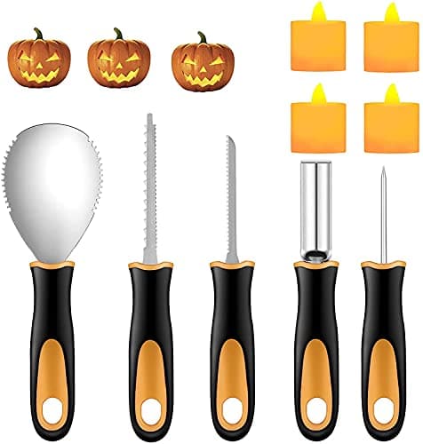 Yixiang Halloween Pumpkin Carving Kit 5 Pieces Heavy Duty Professional Stainless Steel Carving Tools Set for Halloween Decorations Included 4 LED Candles