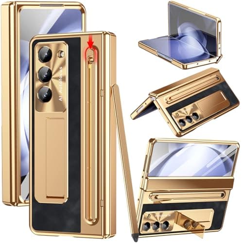 YQODSZ for Samsung Galaxy Z Fold 4 Case with S Pen Holder Slim Stylus Fold4 PU Leather Phone Case with Kickstand Built in Screen Protector Camera Protector Protective Cover for Z Fold 4 GoldBlack
