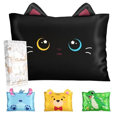 Miss Adola Toddler Pillowcases 13"x18" for Kids - Cute Cartoon Soft Breathable Silk Pillow Cases for Hair and Skin with Hidden Zipper for Girls Fun Kawaii Design for Bedding, Black Cat