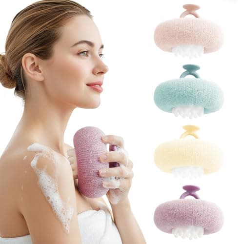 4Pcs Super Soft Sunflower Suction Cup Bath Ball, 2-in-1 Super Soft African Exfoliating Shower Towel Net Sponge Bath Ball, Exfoliating Bath Net Sponge Body Scrubber Shower Ball for Men Women (Purple)