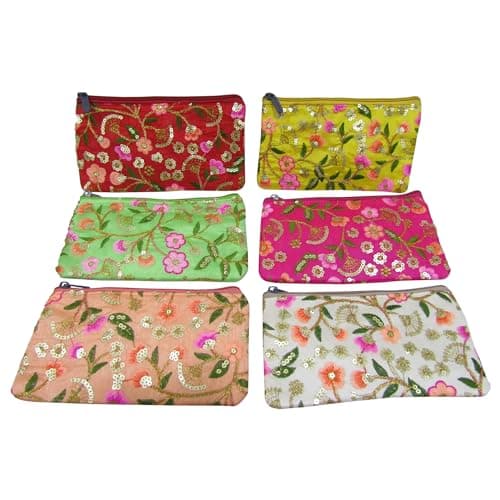Purple Pink Traditional Embroidery Pouch Purse for Women with Zipper, Potli Pouches for Baby Shower, Potli Purse for Ladies, Potli Bags for Gifting, Wedding Favors (Pack Of 12 Pcs)