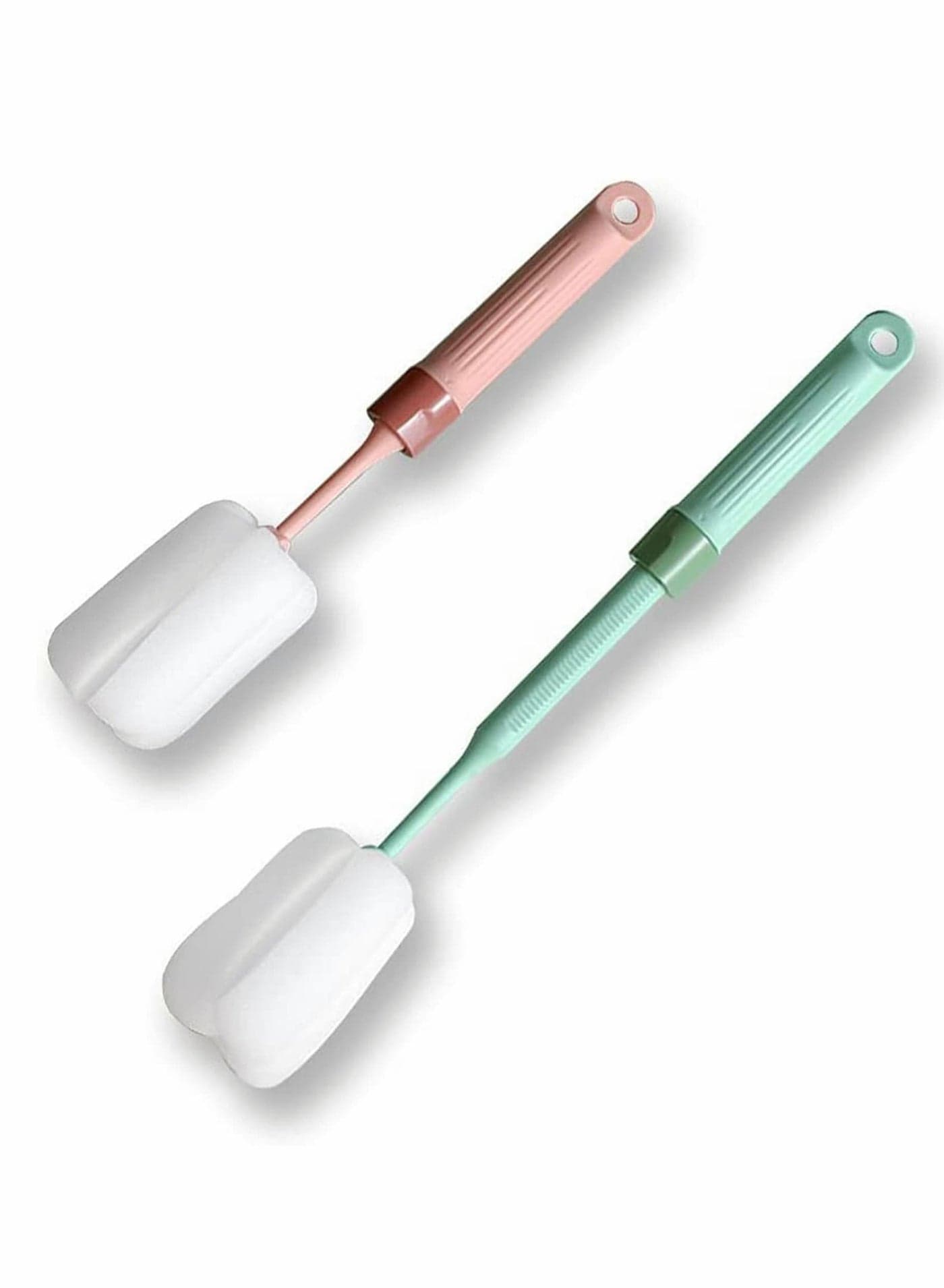 2Pack Bottle Brush, Dishwashing Foam Sponge Adjustable Length from 10 to 13in, Long Handle Cleaning Brushes, for Baby Bottle, Kitchen Clean Glasses, Mugs Cups (Pink and Green)