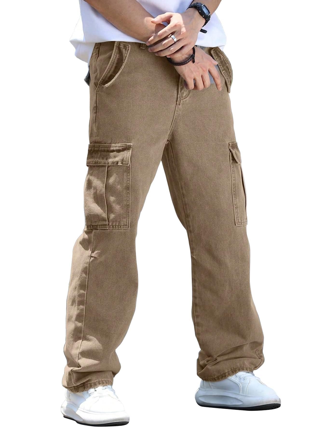 AVANOVA Men’s Khaki Cargo Jeans Slim Fit | Stylish Stretch Denim Trousers with Multi Pockets | Casual Wear Pants for Men | Comfortable Daily & Office Denim Wear Bottoms (Jeans 250 Khaki-32)