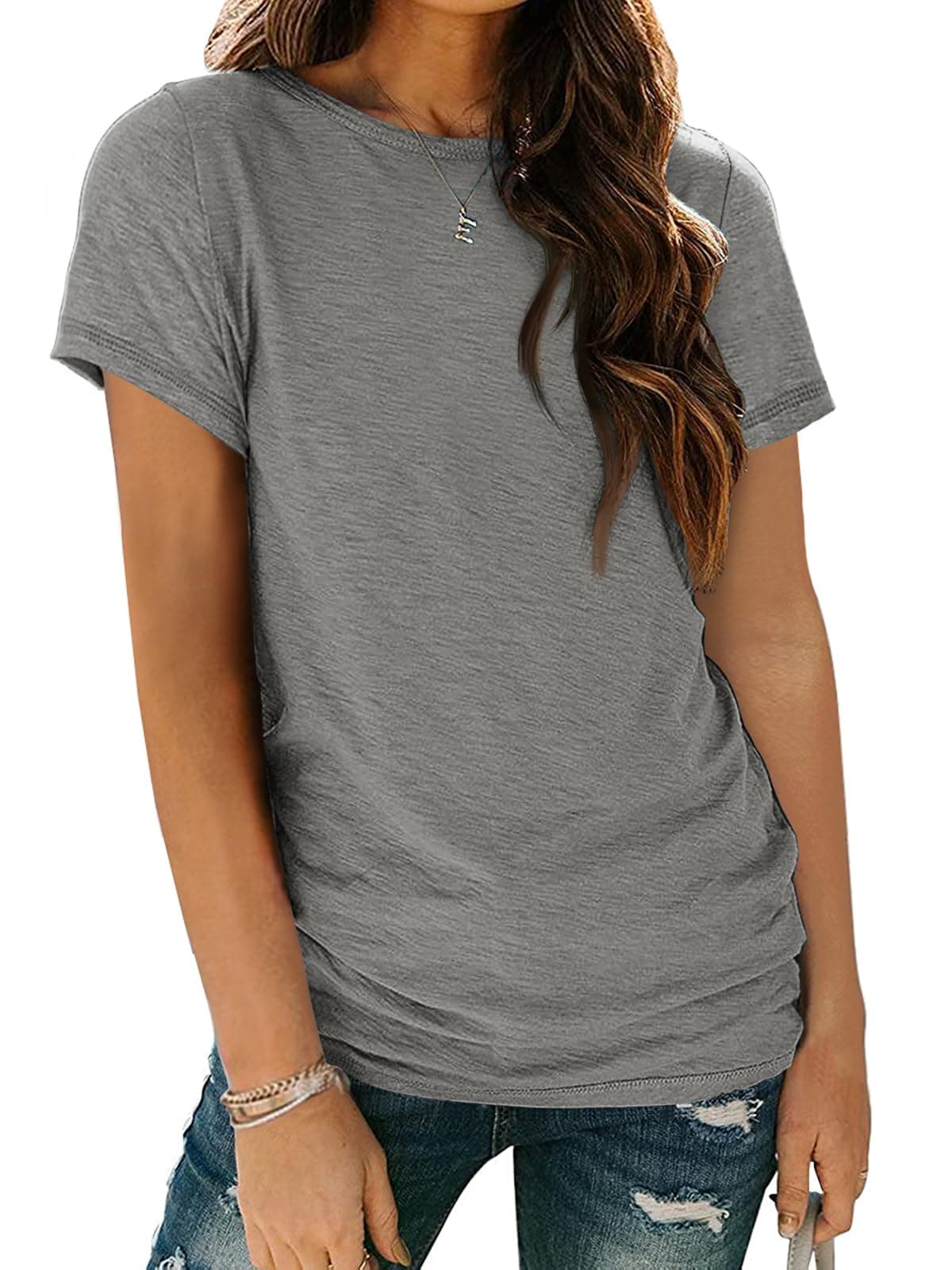 AUTOMET Womens Tops Shorts Sleeve Shirts for Summer Spring Beach Vacation Plus Size Oversized Casual Tee for Teen Girls 2025 02_Grey M