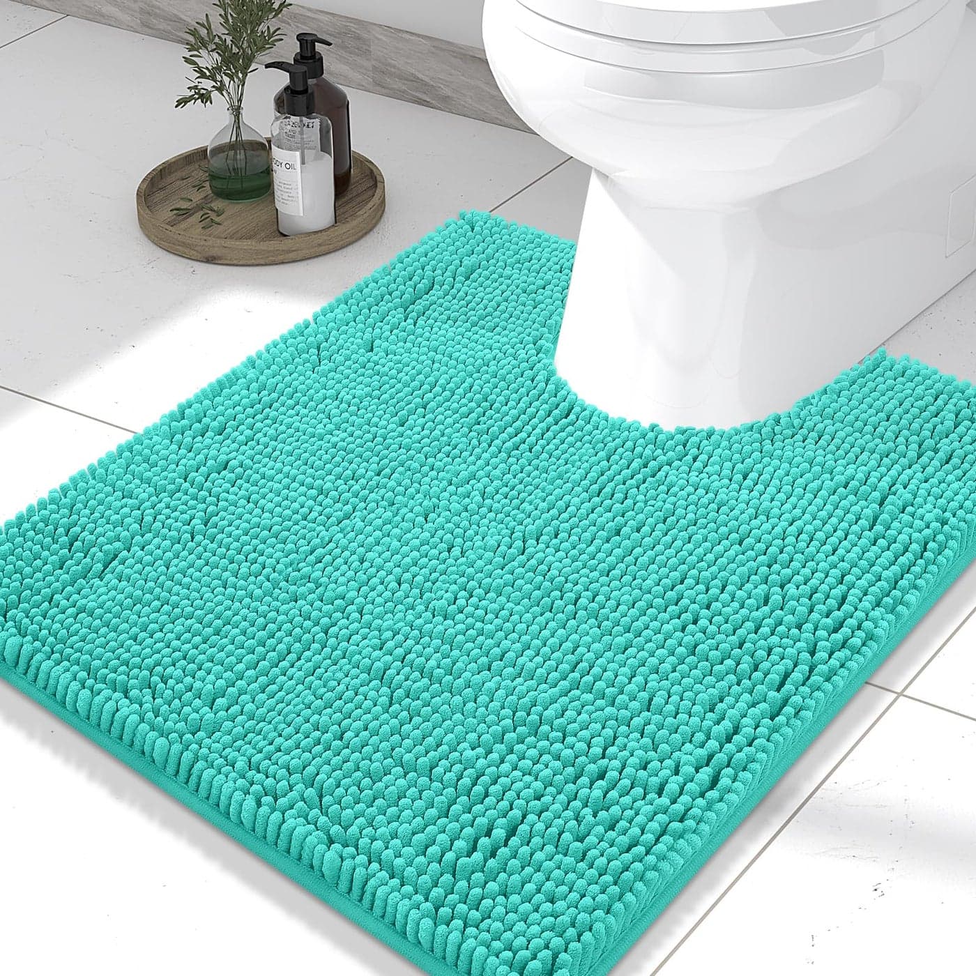 Smiry Luxury Chenille Toilet Rugs UShaped 24x20 Soft Absorbent NonSlip Contour Bathroom Rugs for Toilet Machine Washable Contoured Bath Mats Turquoise