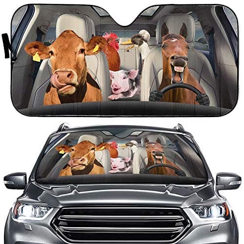 Farm Animal Family Car Windshield Sunshade,Cow Horse Foldable Sun Visor,Rooster Hen Car Sunshield Pig Auto Sun Shade,Protectors Vehicle Interior UV Rays Fit Most CarUV,Truck,57x27.5 in(Pack of 1)