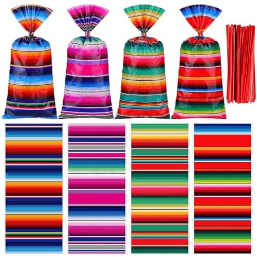 Wesnoy 100 Pcs Mexican Fiesta Cellophane Treat Bags Mexican Candy Bags Cinco De Mayo Goody Sacks Fiesta Party Favor Goodie Gift Sack for Party Birthday with 150 Red Twist Ties Vibrant