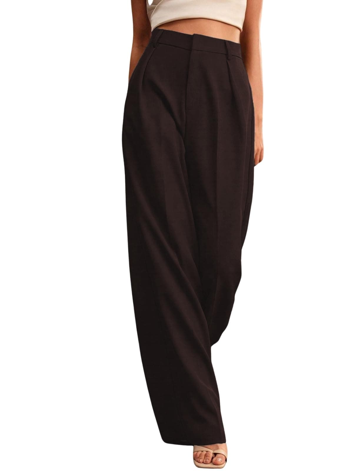 GRECIILOOKS High Waist Trousers for Women – Flared Korean Style Formal Pants | Elegant Workwear for Office, College & Events Brown