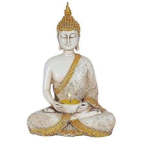 ARTBLITZ Handcrafted Resin Gautam Buddha with Tealight Candle Holder Decorative Showpiece for Home Showpiece for Living Room White Golden