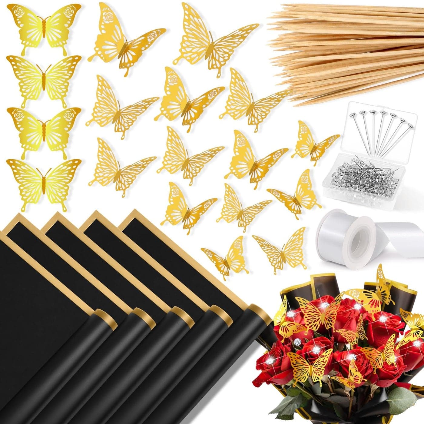 235Pcs Floral Wrapping Paper for Bouquet Money Bouquet Kit with 20 Sheets Black Flower Wrapping Paper Butterflies Rhinestone Pins Ribbons and Wooden Sticks for Flower Bouquets