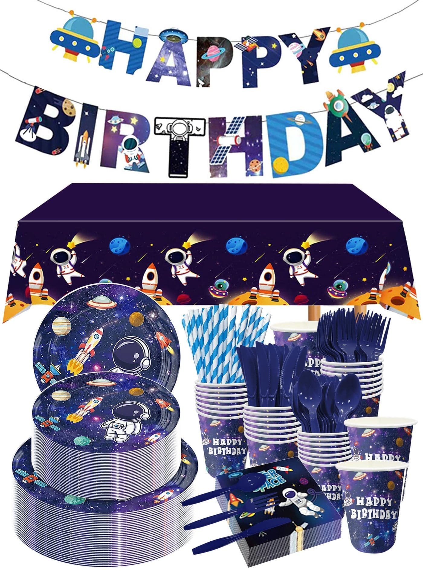 162PCS Outer Space Birthday Party Supplies Serve 20 Space Party Tableware Set, Happy Birthday Banner Solar System Tablecloth Paper Plates Cups Napkins Knives Forks Spoons for Solar Theme Activities Decor