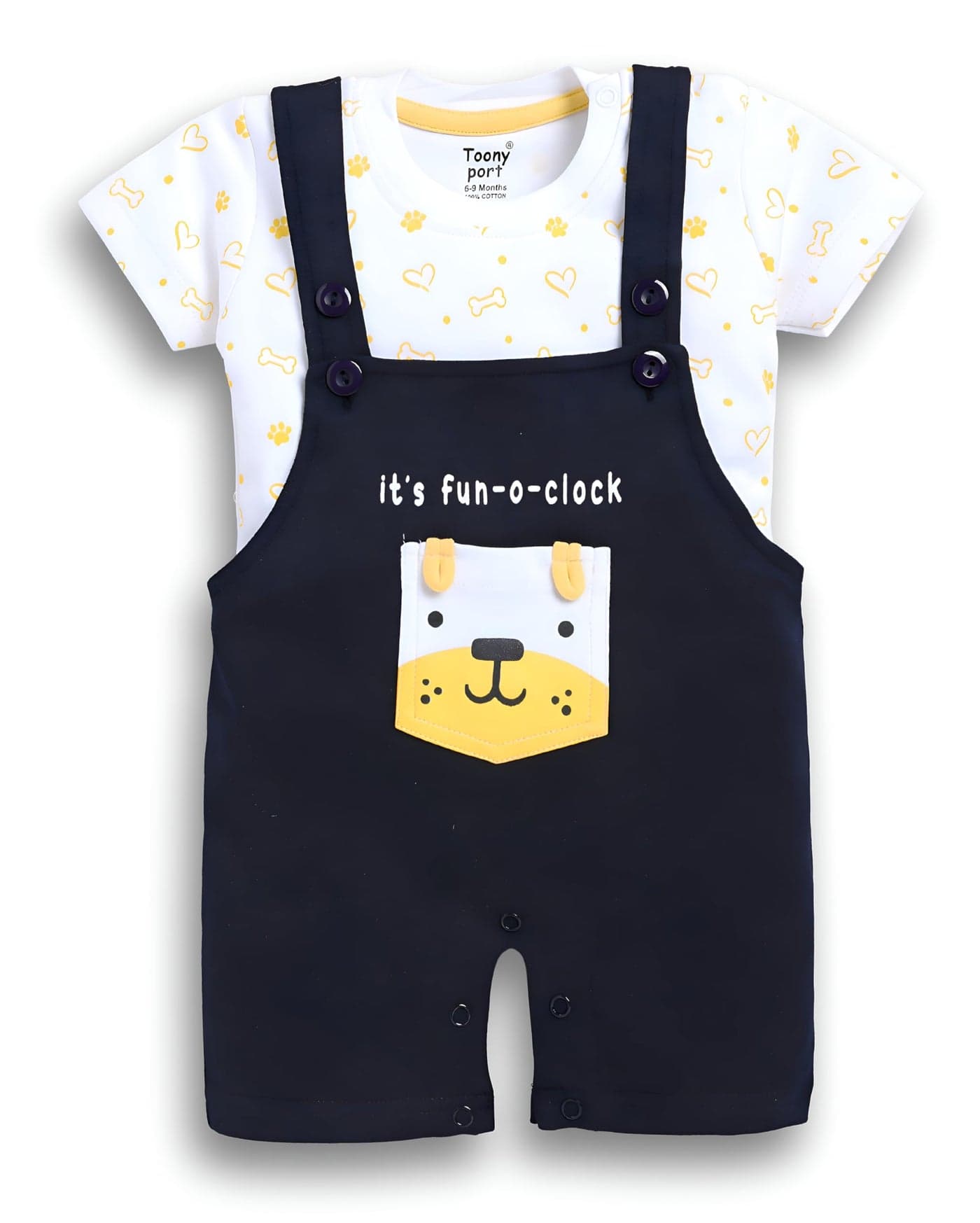 Toonyport Baby Boy Fun O Clock Dungaree (Navy Bue & White) (9 Months - 12 Months)