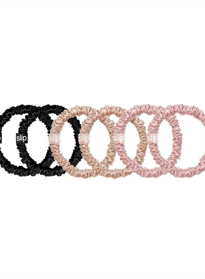 Slip Silk Skinnie Scrunchies in Black, Pink, and Caramel - 100% Pure 22 Momme Mulberry Silk Scrunchies for Women - Hair-Friendly + Luxurious Elastic Scrunchies Set (6 Scrunchies)
