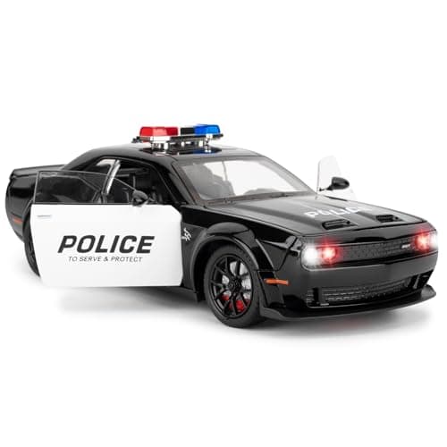 LOVEPOSELY Police Car Model for Collectible 124 Dodge Challenger SRT Hellcat Toy Diecast Vehicle Toy with Lights and SoundsPull Back Decoration Model Car Toy for Adults Kids Birthday Gifts