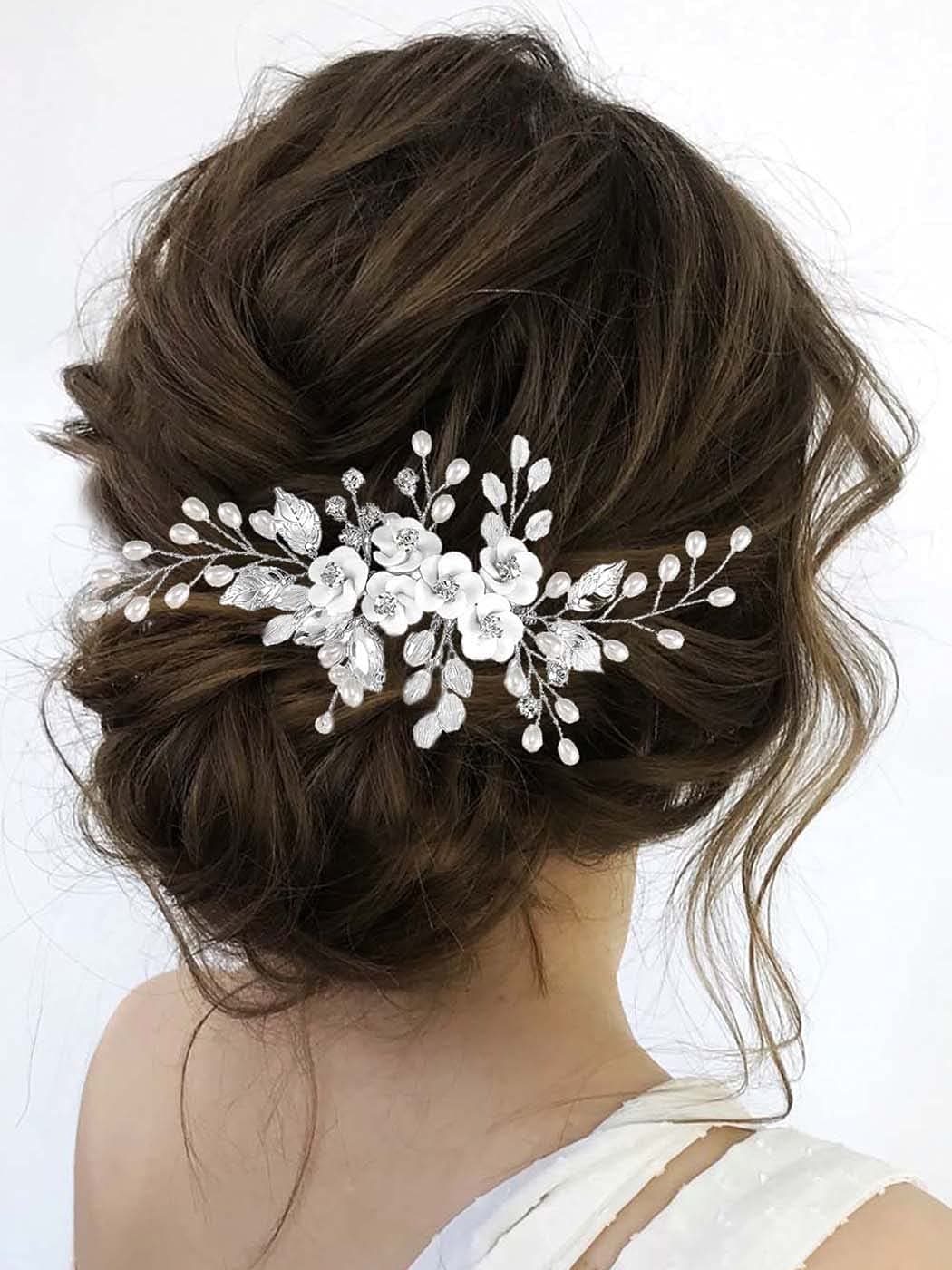 Latious Silver Flower Bride Wedding Hair Comb Pearl Bridal Side Comb Crystal Hair Piece Leaf Hair Accessories for Women and Girls Silver