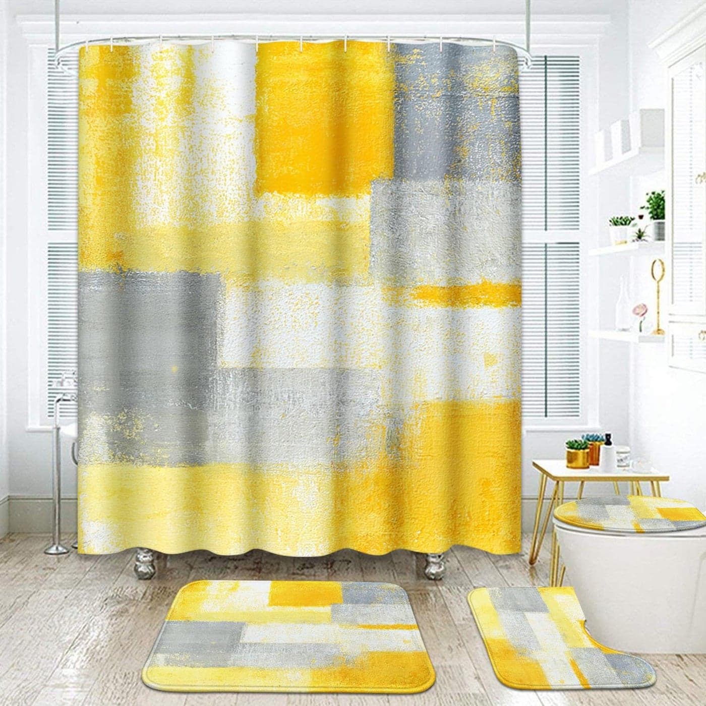 ArtSocket 4 Pcs Shower Curtain Set Yellow Grey Abstract Painting Gray Vintage Retro with NonSlip Rugs Toilet Lid Cover and Bath Mat Bathroom Decor Set