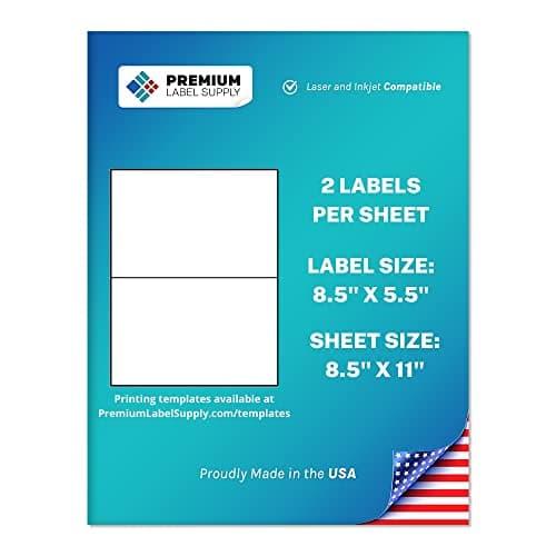 Premium Label Supply White Sticker Half Sheet Labels – 8.5" x 5.5" – Laser/Inkjet Compatible – (2 per Sheet), 25 Sheets - 50 Total Adhesive Labels