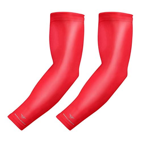 Bucwild Sports 1 Pair Arm Cooling Sun Protection Compression Arm Sleeves - Youth & Adult Sizes - Baseball Basketball Golf Tennis Running (Red, Large (adult)