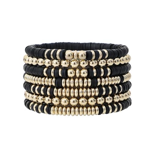 GOOJIDS Surfer Heishi Clay Bead Bracelets for Women Bohemian Stackable Gold Plated Beaded Stretch Bracelets Elastic Layering Friendship Bracelets Set Boho Jewelry