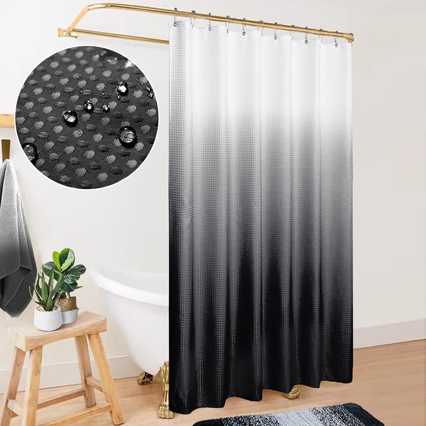 MrsNaturall Black and White Waffle Weave Fabric Shower Curtain Set with HooksWaterproof Modern Shower Curtains for BathroomCute Ombre Dark Grey Cloth Bathroom Shower Curtain Sets72x72 Inches