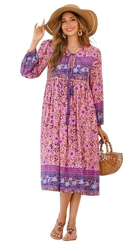 R.Vivimos Women's Long Sleeve Floral Print Retro V Neck Tassel Bohemian Midi Dresses (Small, Pink)