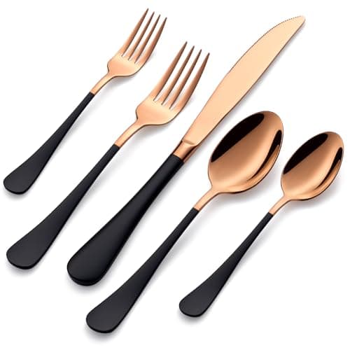 DINYWOW 20-Pieces Rose Gold and Black Silverware Sets for 4,Black Handle Stainless Steel Cutlery Set, Include Forks Spoons and Knives Set, Dishwasher Safe Utensil Sets for Home Restaurant