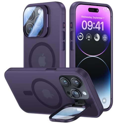VOFATA for iPhone 15 Pro Max Case with Camera Cover Stand Builtin 9H Camera Lens ProtectorFit for Magsafe Military Grade Shockproof Translucent Matte Magnetic Phone Case 67 Purple