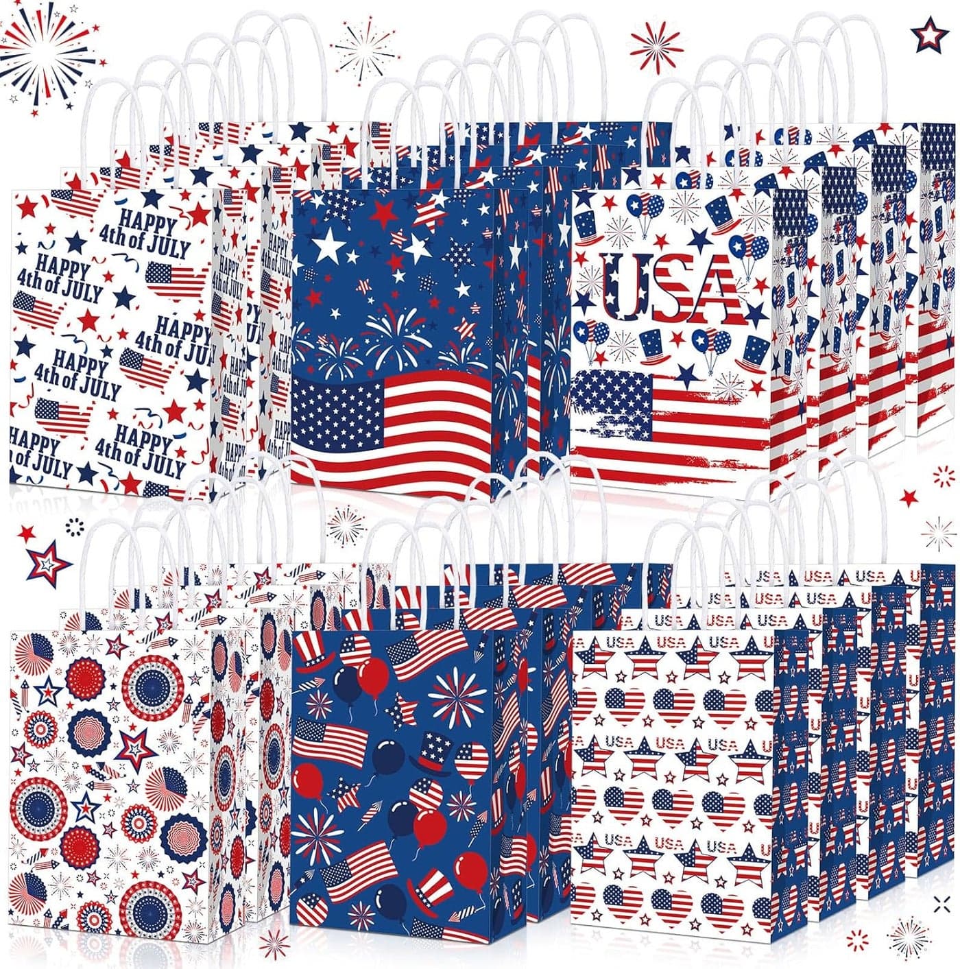 Glenmal 24 Pcs 4th of July Gift Bags with Handle Patriotic Red Blue White Gift American Flag Paper Candy Treat Goodie Bags for Wrapping Memorial Day Independence Day Party Favor