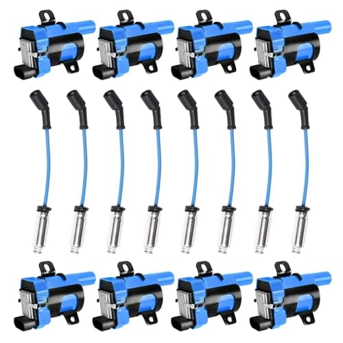 ENA 8 Pack D585 UF262 Round Ignition Coil Packs and 748UU Spark Plugs Wires Compatible with Chevy GMC Cadillac Chevrolet 1999-2007 Silverado SSR 4.8L 5.3L 6.0L V6 V8 C1251 12622553 12656210, Blue