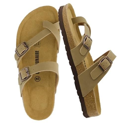 CUSHIONAIRE Luna Crossover Toe Strap Womens Sandals – Cork Footbed Slides with Adjustable Straps, Summer Sandals for Women 2025, TAUPE 8