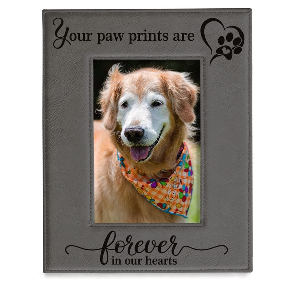 KATE POSH Your Paw Prints are Forever in our Hearts Engraved Leather Picture Frame Memorial Pet Gift Loss of Dog and Cat Pet sympathy gift In memory of 5 x 7 Vertical