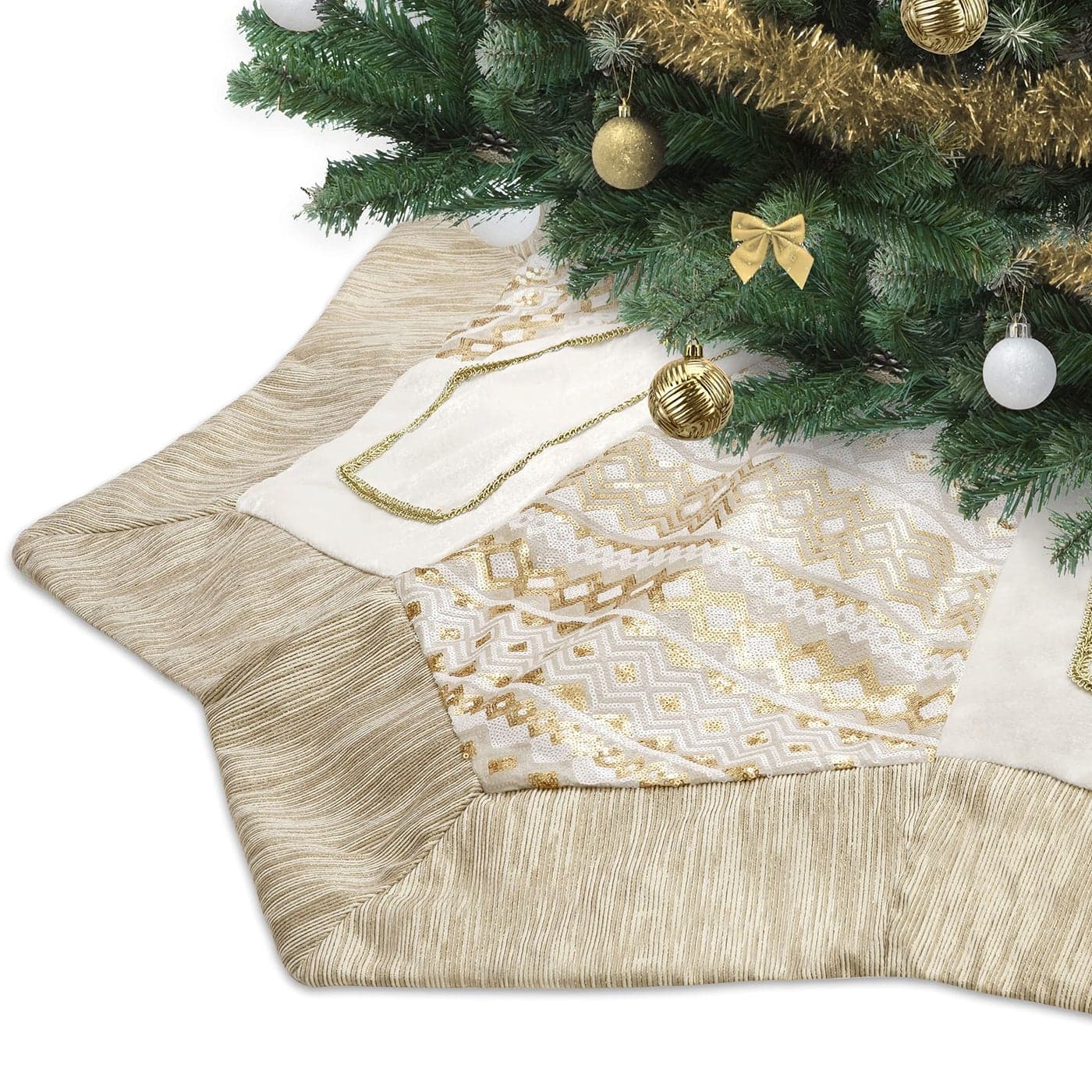 Valery Madelyn Christmas Tree Skirt for Tree Decorations 60 Inch White Gold Octagon Large Xmas Tree Skirt with Embroidery Geometric Sequin Pattern for Merry Christmas Party Christmas Decor