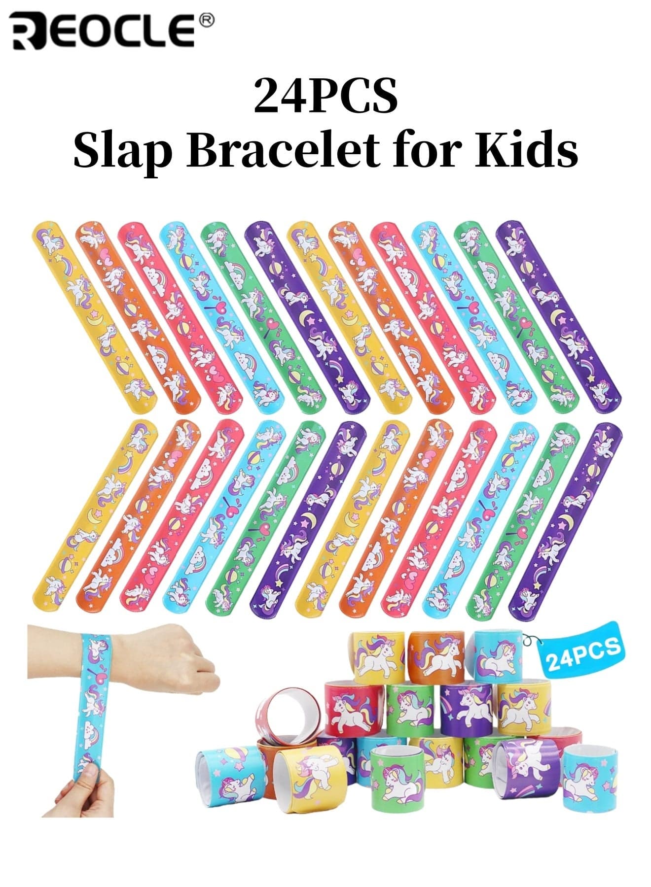 24PCS Kid's Slap Bracelet Party Bag Fillers Colorful Cartoon Design Snap Band Wristbands Bulk Pack for Boys and Girls Birthday Party Favors Goodie Bags Classroom Prizes
