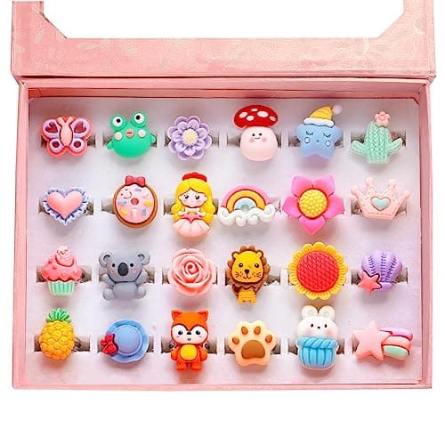 PinkSheep Little Girl Jewel Rings in Heart Box, Adjustable, Girl Gift Pretend Play and Dress Up Rings (Mat)