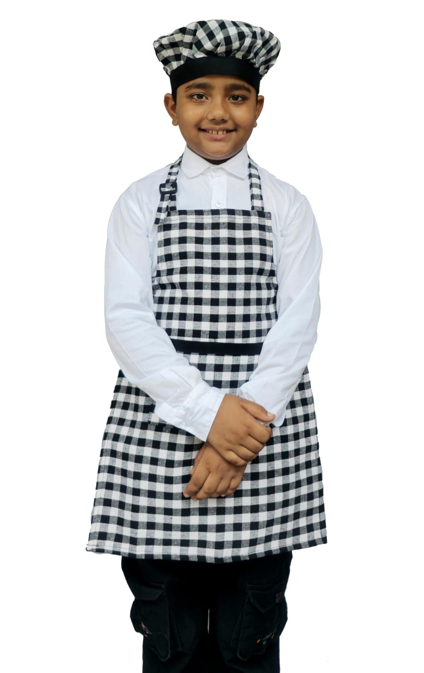 Switchon Waterproof Kids Multi Purpose Cooking Painting and School checkered kids Apron with Chef cap for 5 Yrs to 12 yrs (Black_White)