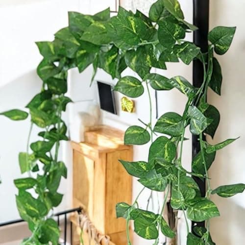 SAUDEEP INDIA Artificial Green Leaf Money Plant Garland | 7.2 Feet Bel Vine Creeper | Realistic Hanging Fake Leaves Ivy | Home Decor for Door, Wall, Balcony, Garden & Festival Decoration (4 Vines)