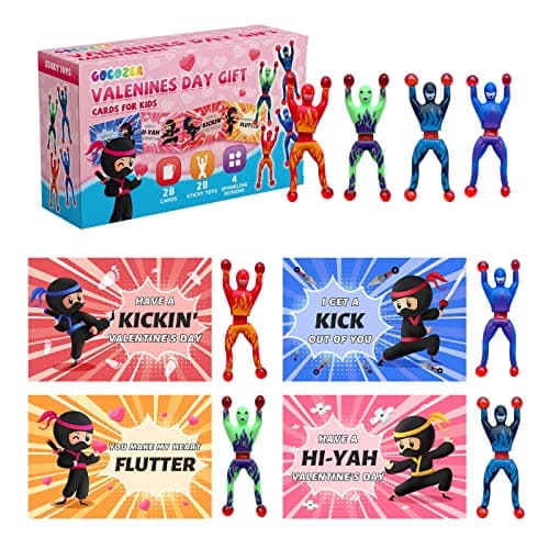 Gocozer Valentines Day Gifts for Kids 28 Pack Ninja Sticky Stress Relief Tricky Toys with Valentines Greeting Cards for Classroom Valentines Exchange Gifts ideas Preschool Valentine Gifts favors