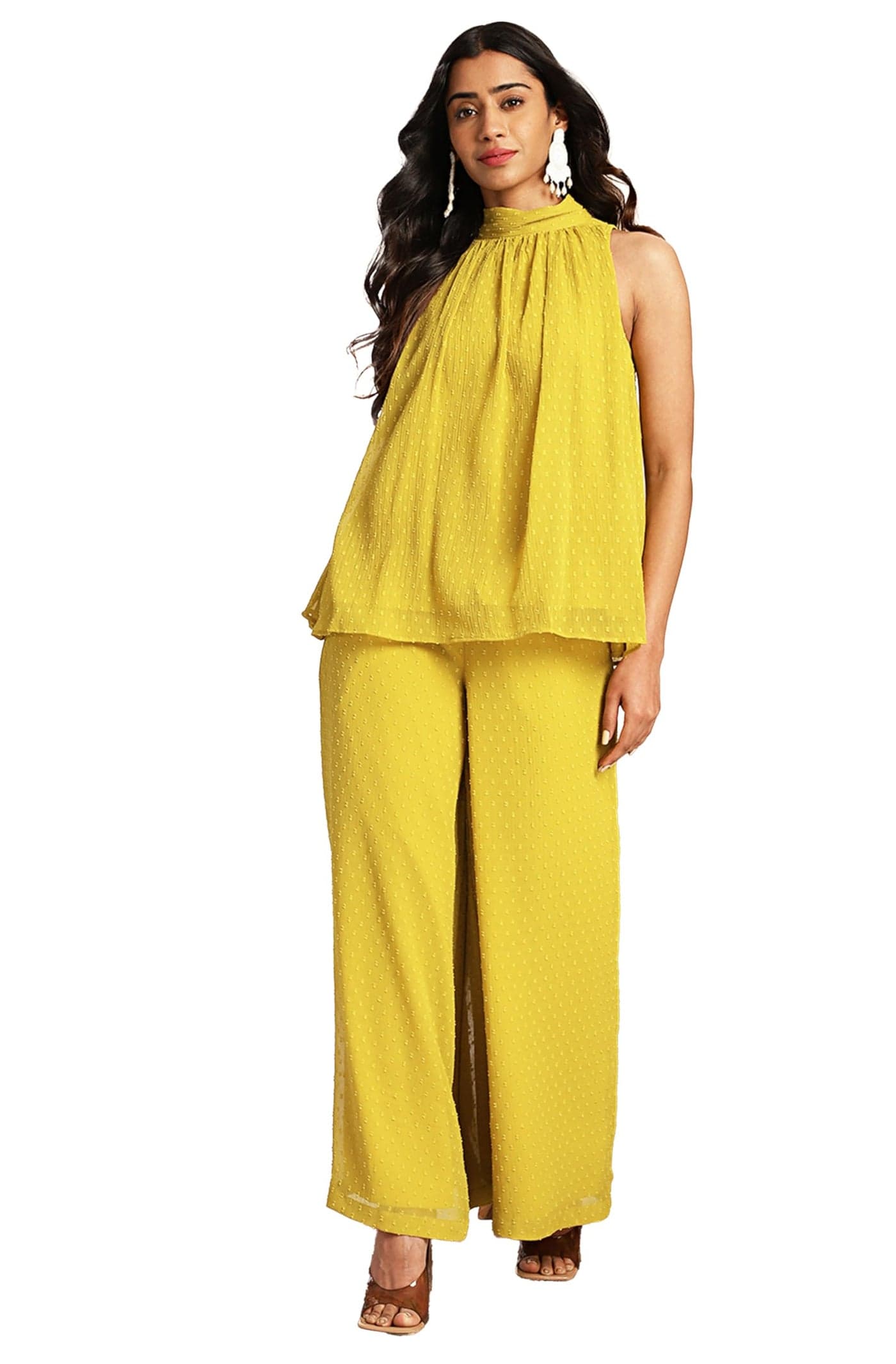 Janasya Women's Yellow Dobby Chiffon Solid Co-ord Set(SET916-CO-ORD-M)