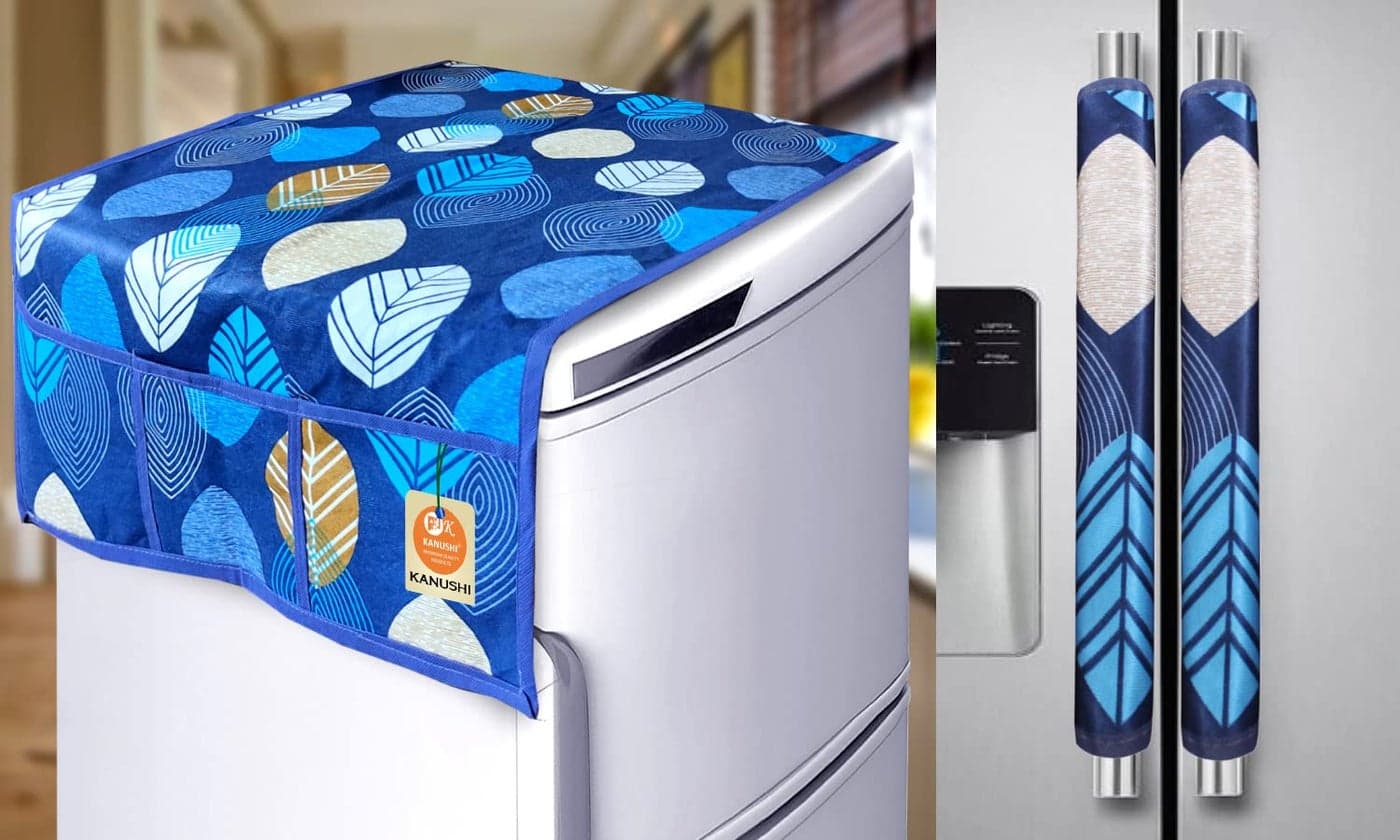 KANUSHI Industries® 1Pc Fridge Cover for Top with 6 Utility Pockets + 2 Fridge Handle Cover (FRI-Long-LEVS-Blue+2-Handle)