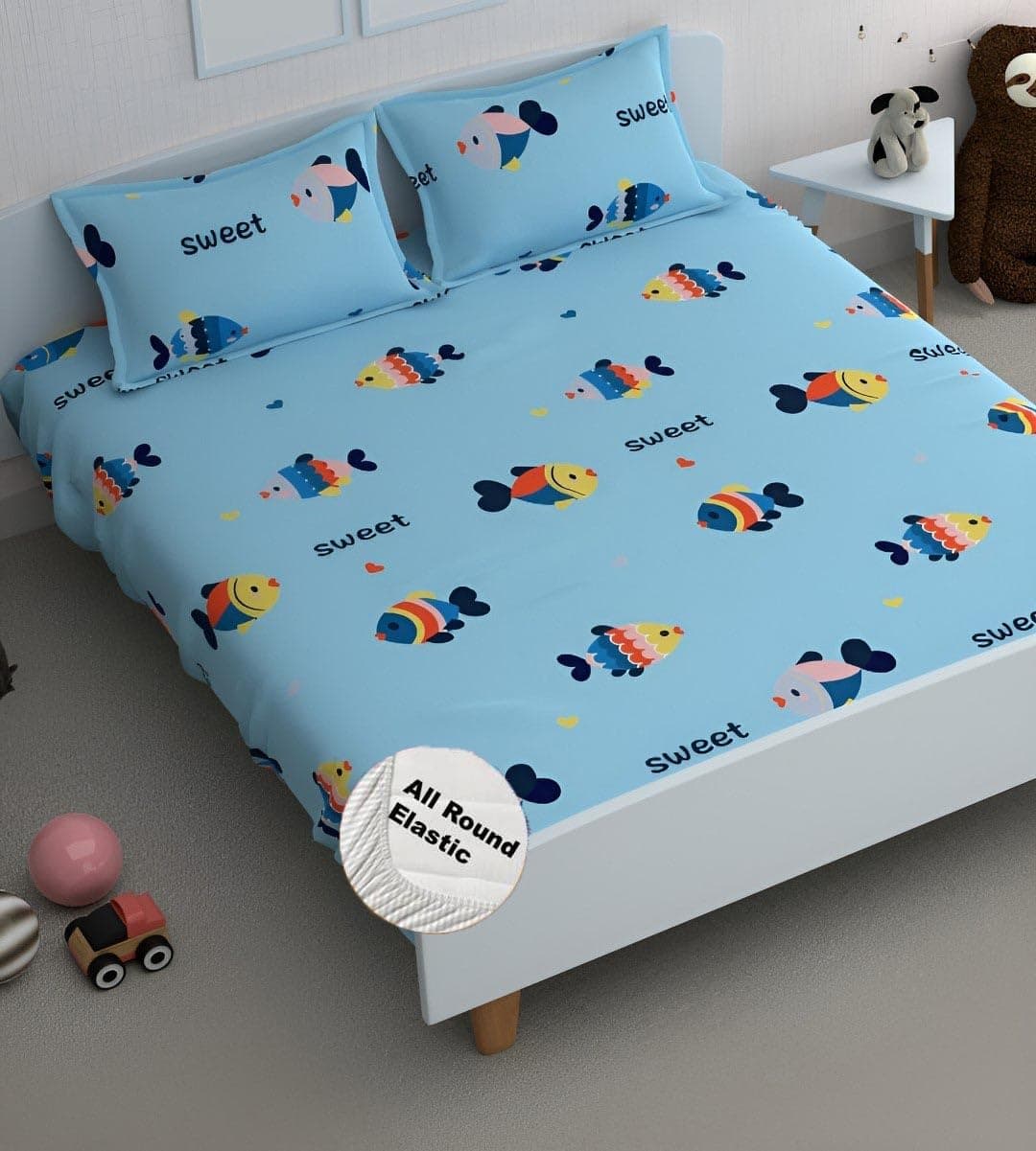 DECOMIZER Cartoon Kids Cotton Feel All Around Elastic Fitted King Size Double Bed Bedsheet with 2 Pillow Covers Fits Upto Mattress of 8 Inches,Size - 72 x 78 x 10 Inches,Design- Aqua Fish, 300 TC