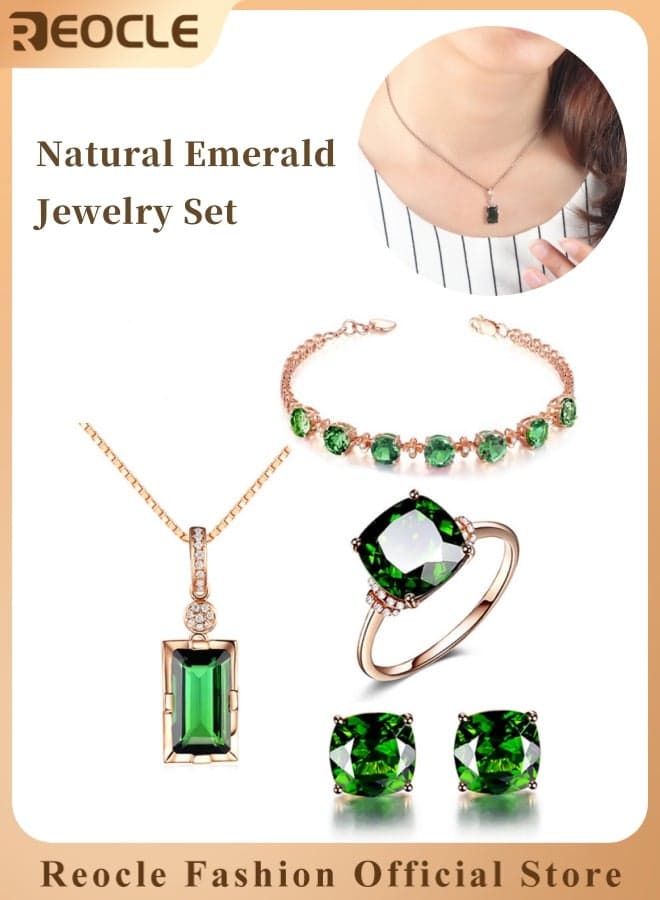 Women's Natural Emerald Jewelry Set Rectangle Necklace Earrings Bracelet and Ring Rose Gold Jewelry Set for Women