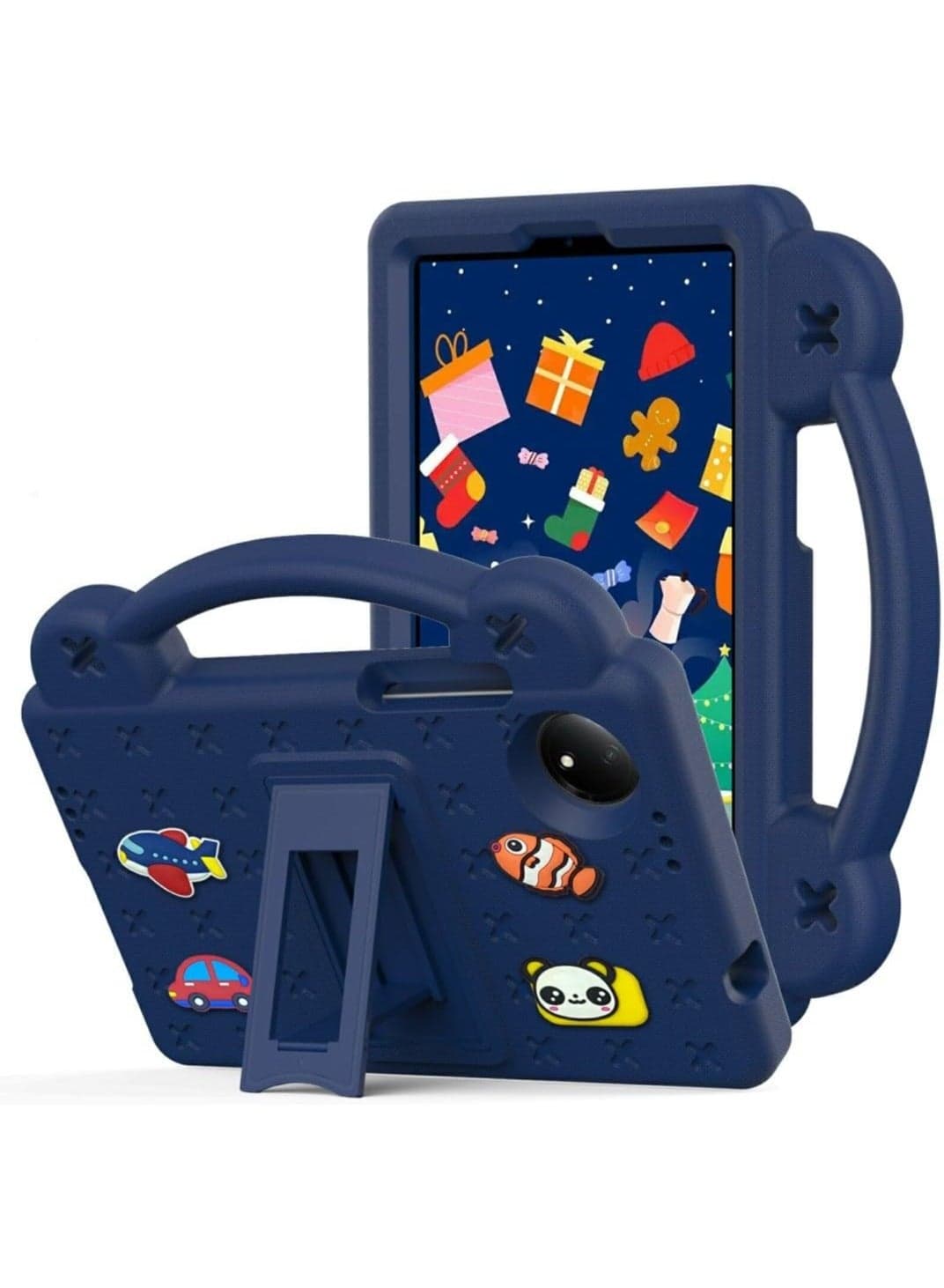 Kids EVA Silicone Shockproof Handle Case with Foldable Stand and Detachable Cartoon Doll for Xiaomi Redmi Pad SE 87 Inch 2024 Navy Blue