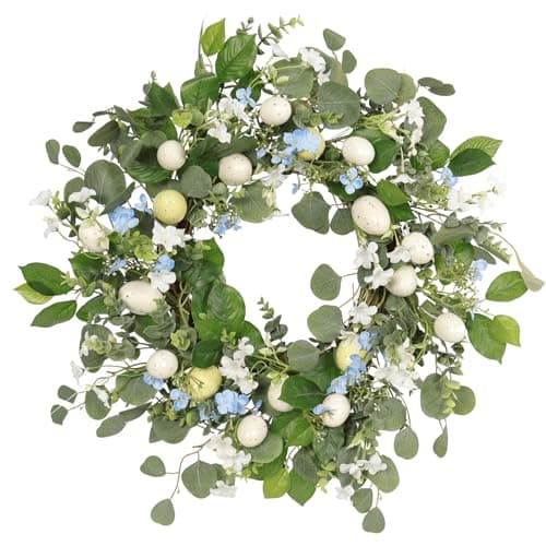 Quixem 20 Inch Easter Wreath for Front Door, Spring Eucalyptus Wreath with Blue Wildflowers & Cream Speckled Eggs, Farmhouse Summer Holiday Decor