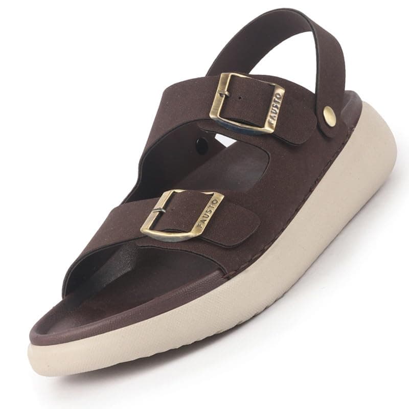 FAUSTO FST FOSMS-2188 BROWN-44 Men Brown Open Toe Double Strap Stitched Waterproof Sandals with Back Support|Soft Cushioned Insole|Summer Slip-On Slipper|Perfect For Monsoon Rainy Season (10 UK)