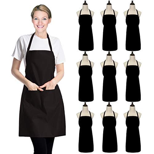 XEEYAYA 9 Pack Black Apron for Women Adult Girls Ladies with Pockets - Kitchen Aprons Bulk for Cooking Painting BBQ Grilling Baking (9 Pack, Black)